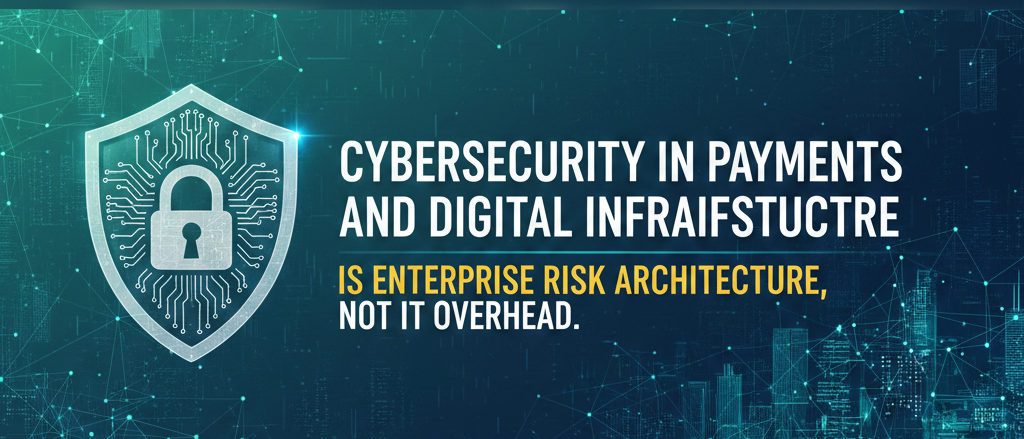 Focus: Accessibility and Core Keyword Placement. Digital banner featuring a glowing circuit-style shield icon and text stating "Cybersecurity in Payments and Digital Infrastructure Is Enterprise Risk Architecture, Not IT Overhead" against a teal data-network background.
