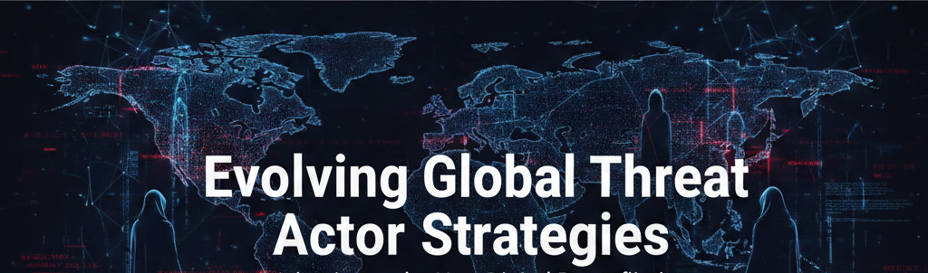 Digital world map banner with glowing data points and hooded figures representing cyber threat actors. Text reads: "Evolving Global Threat Actor Strategies: Adapting to the New Digital Battlefield."