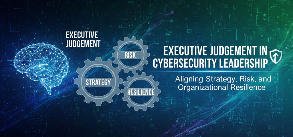 Digital banner for Executive Judgement in Cybersecurity Leadership featuring a glowing neural brain, interlocking gears labeled Strategy, Risk, and Resilience, and a dark blue high-tech background.