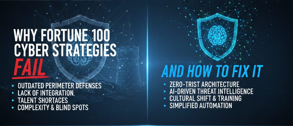 Professional cyber security banner titled "Why Fortune 100 Cyber Strategies Fail and How to Fix It," featuring a high-tech blue interface with a digital shield and brain icon, comparing common security failures with modern AI-driven solutions.