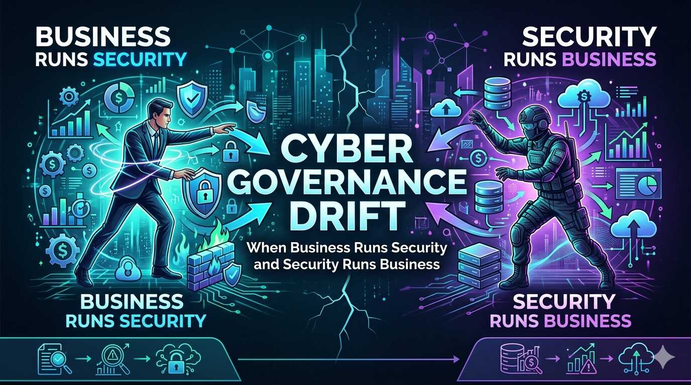 A conceptual banner titled "Cyber Governance Drift," featuring a split-screen design. On the left, a businessman in a suit manages digital security shields and locks. On the right, a tactical security specialist manages business data icons and clouds. Central text reads: "When Business Runs Security and Security Runs Business."