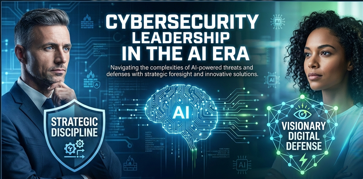 A professional digital banner titled "Cybersecurity Leadership in the AI Era." The image features two leaders a man representing "Strategic Discipline" and a woman representing "Visionary Digital Defense"- flanking a glowing neural network brain icon that symbolizes AI technology.