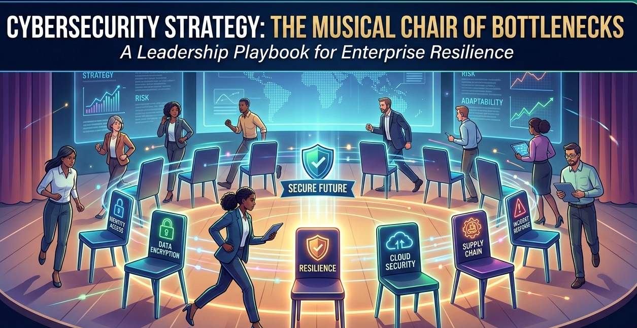 A conceptual banner titled "Cybersecurity Strategy: The Musical Chair of Bottlenecks." It depicts business professionals in a high-tech boardroom environment playing a game of musical chairs. The chairs are glowing holograms labeled with cybersecurity pillars like Data Encryption, Cloud Security, and Incident Response.